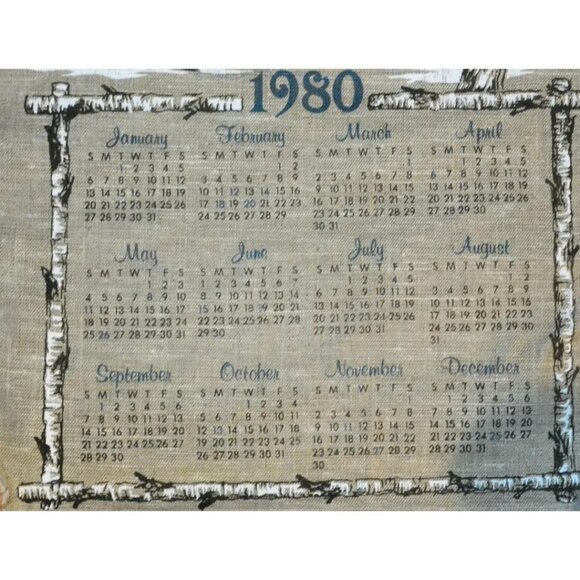Calendar Towel 1980 Vintage Rural Scene Night Winter Church Kitchen Decor - Picture 3 of 5